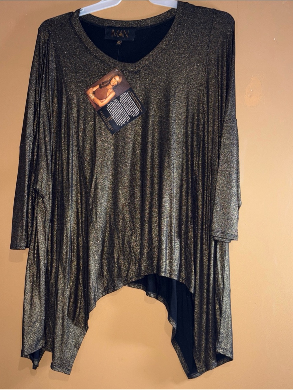 HC843 IMAN  Black And Gold SpeekleFlowy Drop-Shoulder Skarkbite Hem Shirt XL
